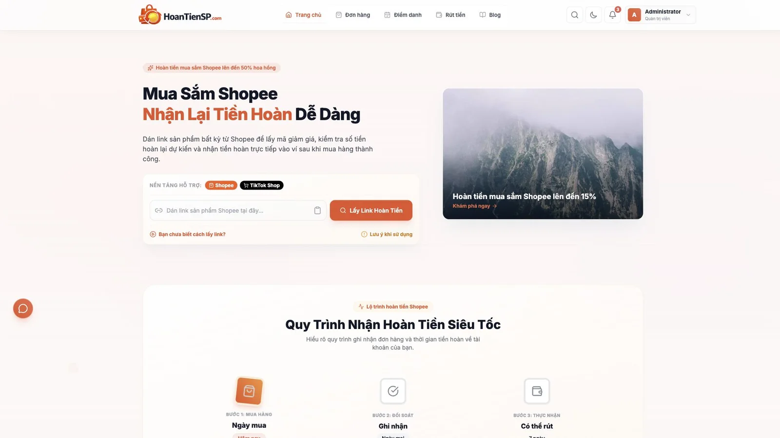 Giao diện website CASHBACK hiển thị sản phẩm và liên kết mua hàng nhận hoàn tiền