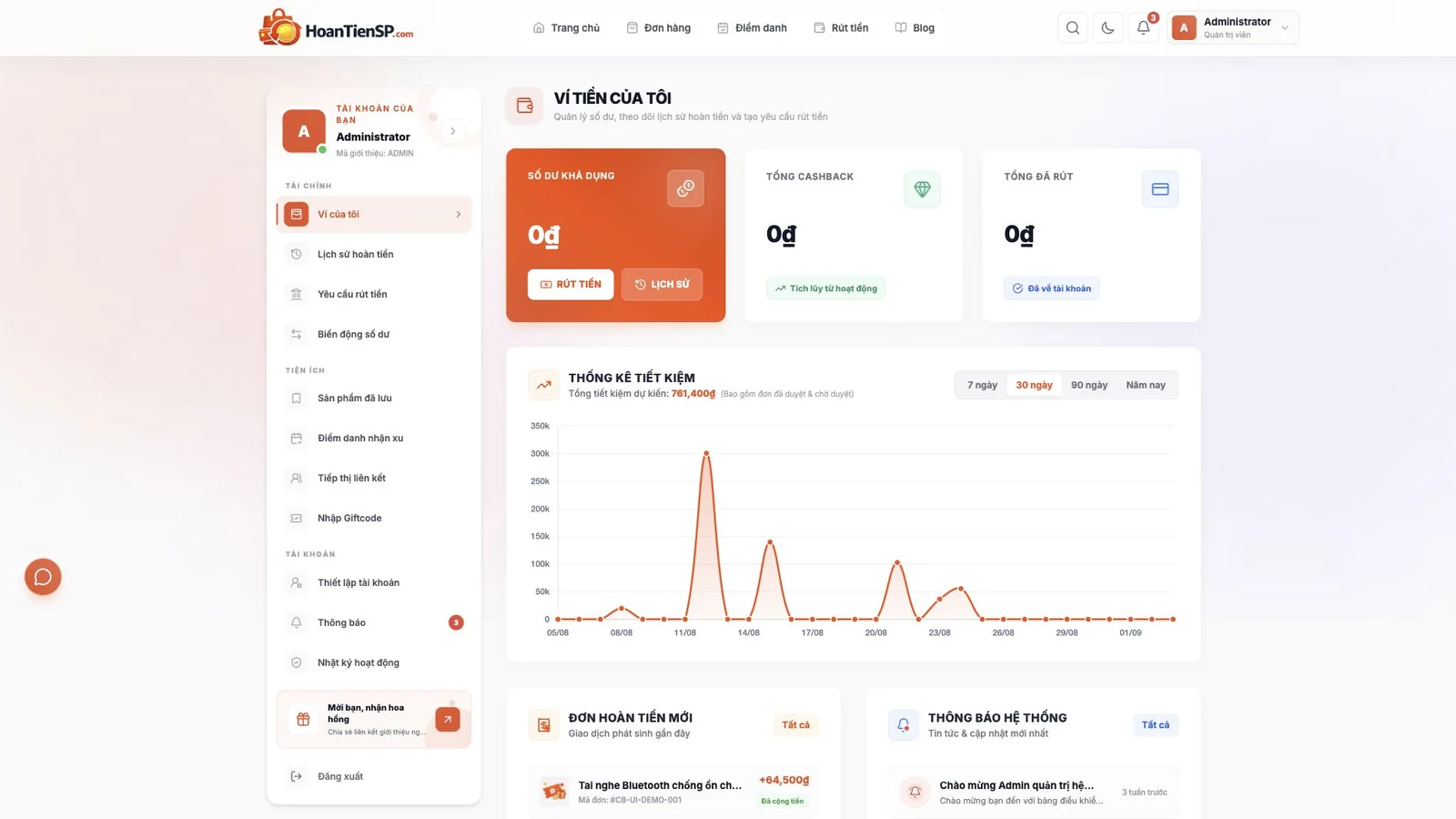 Ví người dùng trên website CASHBACK với số dư, lịch sử giao dịch và chức năng rút tiền