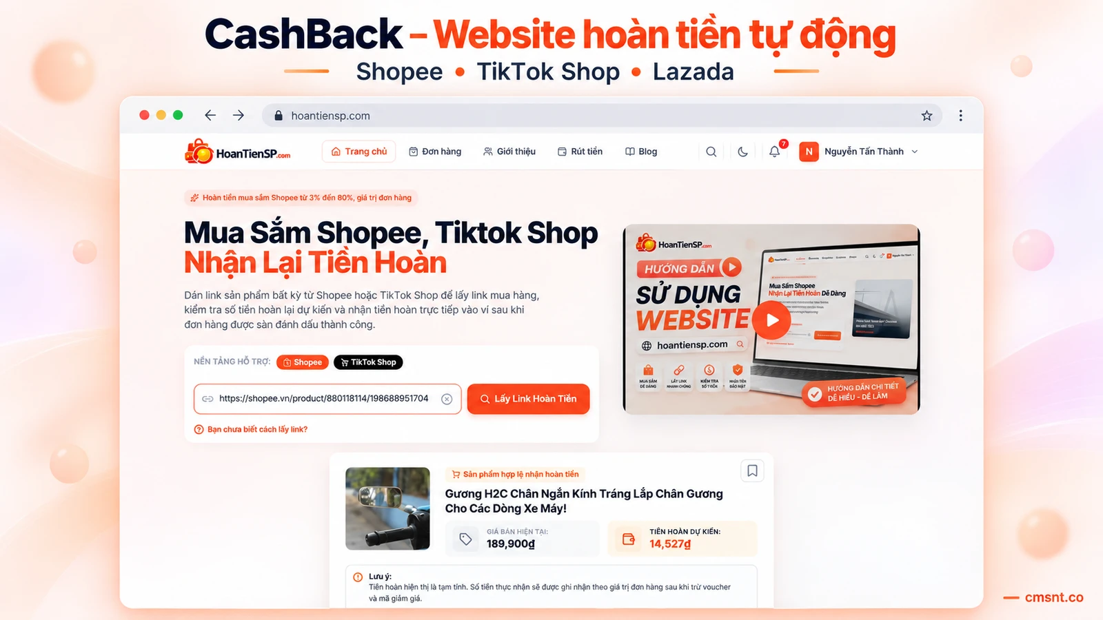 Tạo website hoàn tiền Shopee, TikTok Shop, Lazada tự động