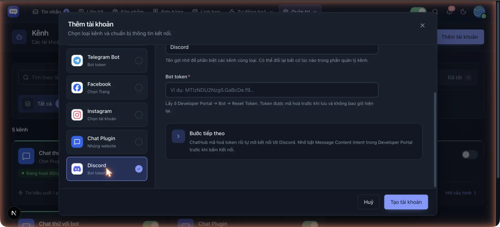 Hộp thoại thêm tài khoản ChatHub với kênh Discord đang được chọn