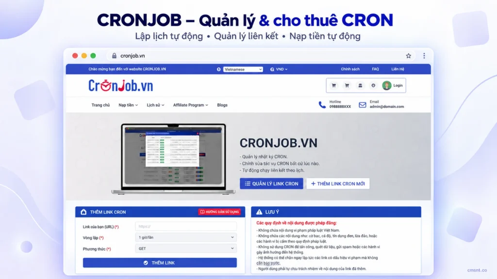 Tạo website quản lý và cho thuê CRON không giới hạn thời gian