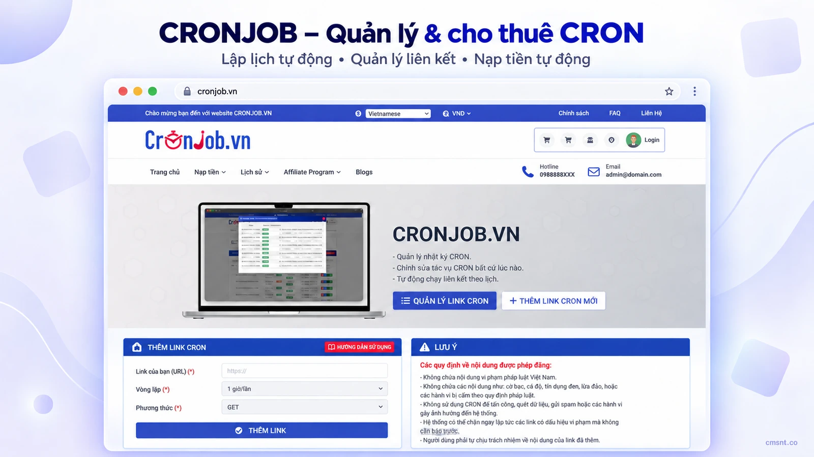 Tạo website quản lý và cho thuê CRON không giới hạn thời gian