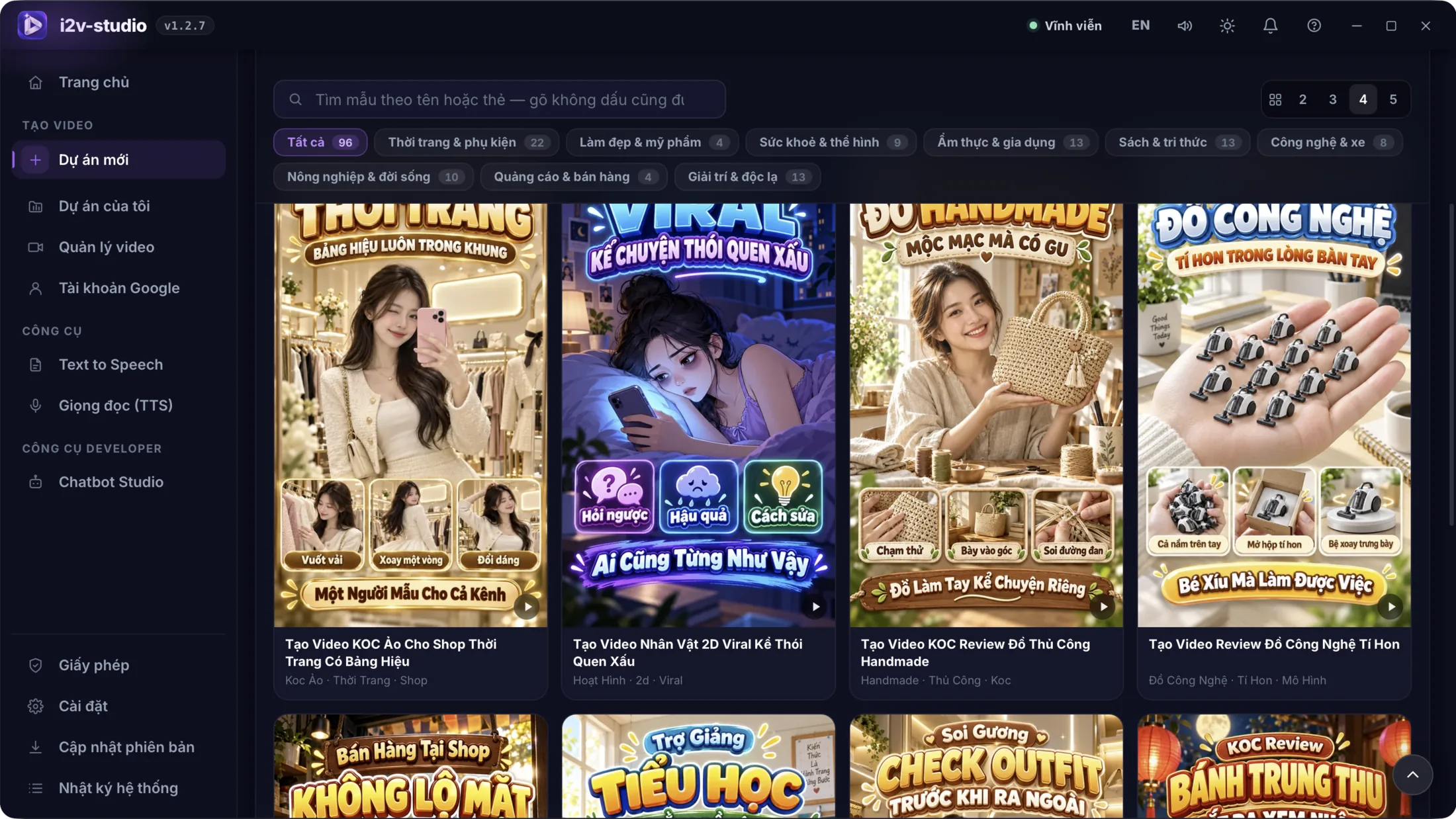 Kho 96 mẫu kịch bản của I2V Studio: chip lọc theo ngành kèm số mẫu, các thẻ mẫu ghi tên và thẻ phân loại
