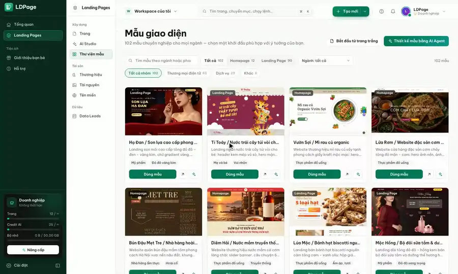 Ảnh động cuộn kho 102 mẫu giao diện LDPage: lọc Homepage, Landing Page rồi cuộn lưới mẫu theo ngành