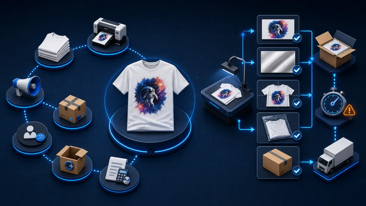 Minh họa chi phí của sản phẩm Print on Demand và quy trình kiểm tra chất lượng trước khi giao